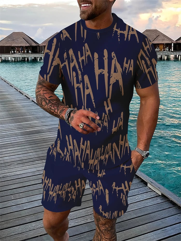 Conjunto de dos piezas de verano para hombre, camiseta de manga corta con cuello redondo y pantalones cortos con cordón, estampado 3D de León Animal, conjunto atlético transpirable para exteriores