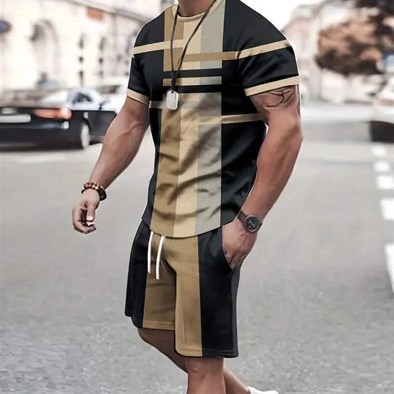 2024 de moda para hombre, ropa deportiva, camiseta de manga corta y pantalones cortos deportivos de verano, traje de retazos Vintage Casual, traje de dos piezas para hombre