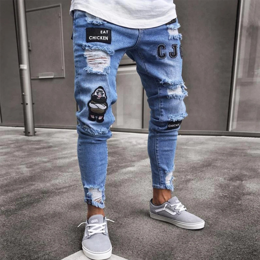 Pantalones Vaqueros Rasgados Hombre Bordado Blanco - Hip Hop