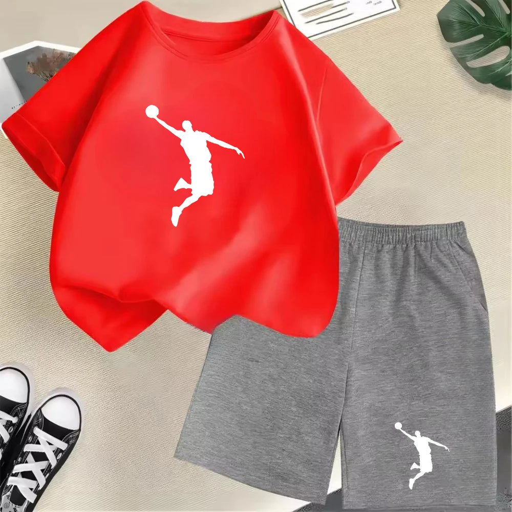 Conjunto de camiseta de manga corta de verano para niños, moda deportiva, pantalones cortos para niños y niñas, conjunto informal de 2 uds con estampado de gráficos de marca, conjunto para chico