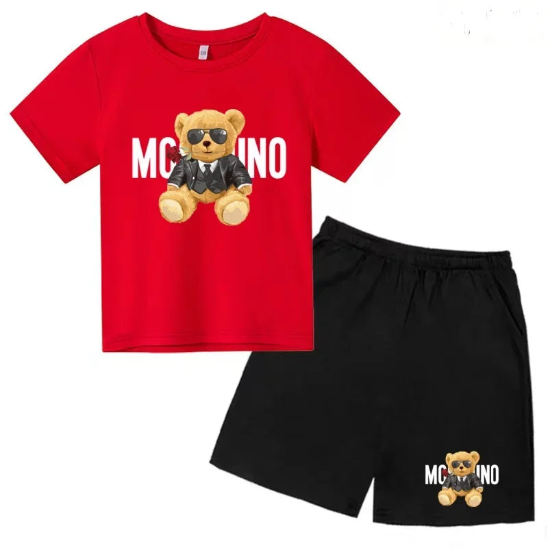 Boys Girls Summer Casual 2Pcs Set Lovely Bear Letter Print T-shirt & Shorts Comfortable Sports Running Suit