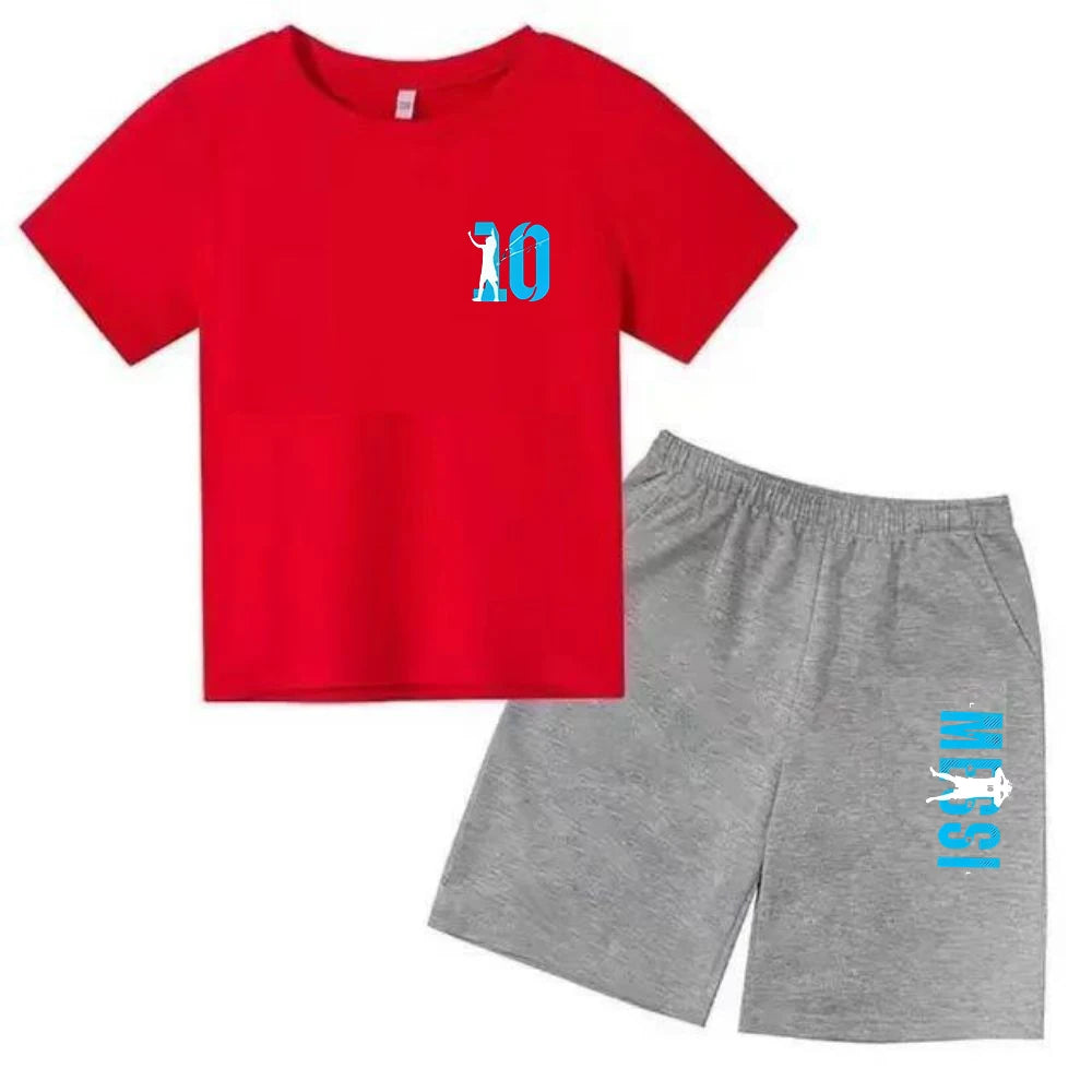 Conjunto de verano para niños, camiseta de manga corta con estampado Messi + Pantalones cortos, conjunto de 2 uds., traje deportivo informal a la moda para niños y niñas, ropa para fanáticos