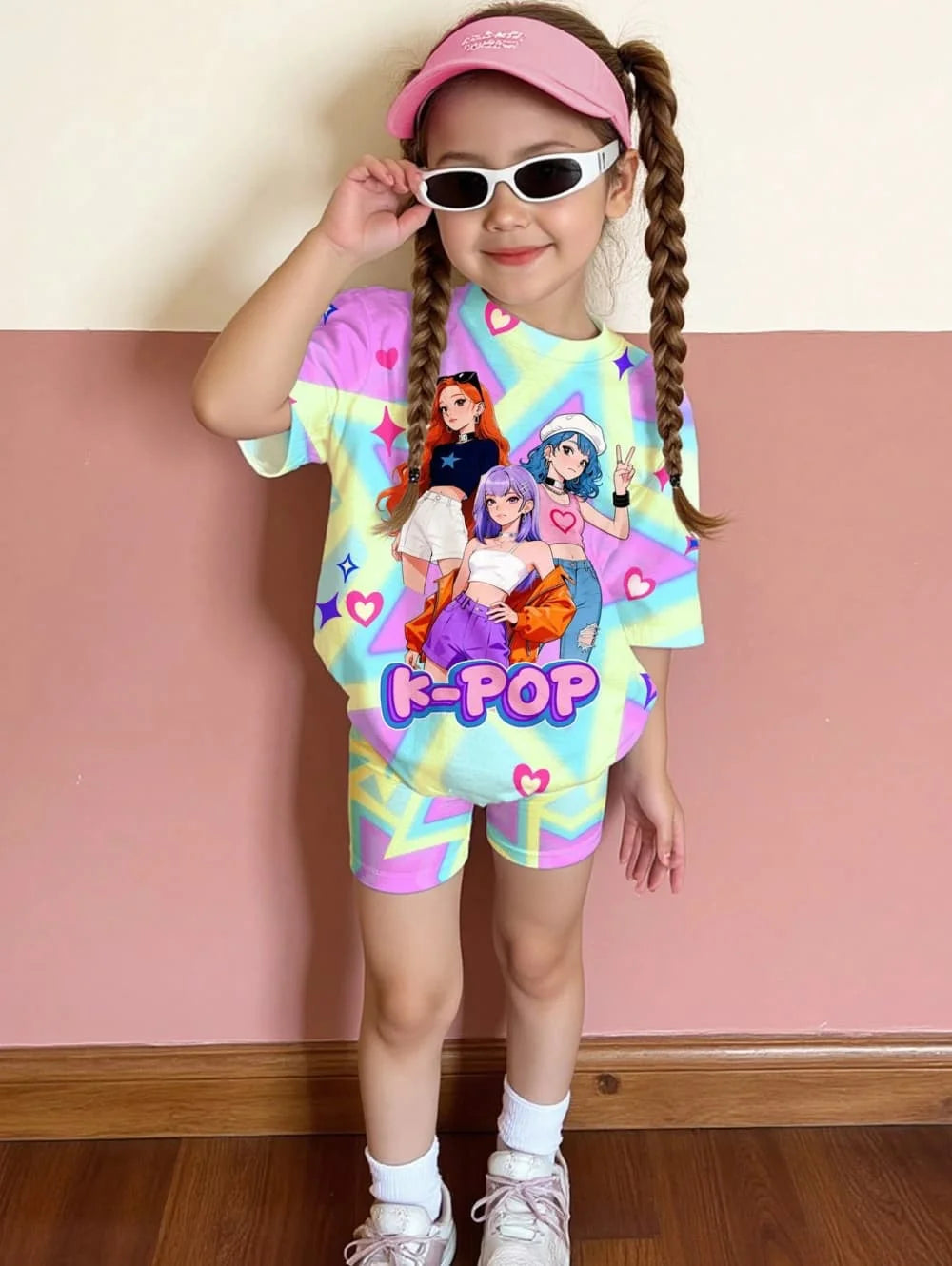 Conjunto de Camiseta y Pantalones con Estampado de Dibujos Animados Kpop, Ropa de Verano para Niñas, Conjunto de Manga Corta, Conjunto de Camiseta y Pantalones Cortos para Niños