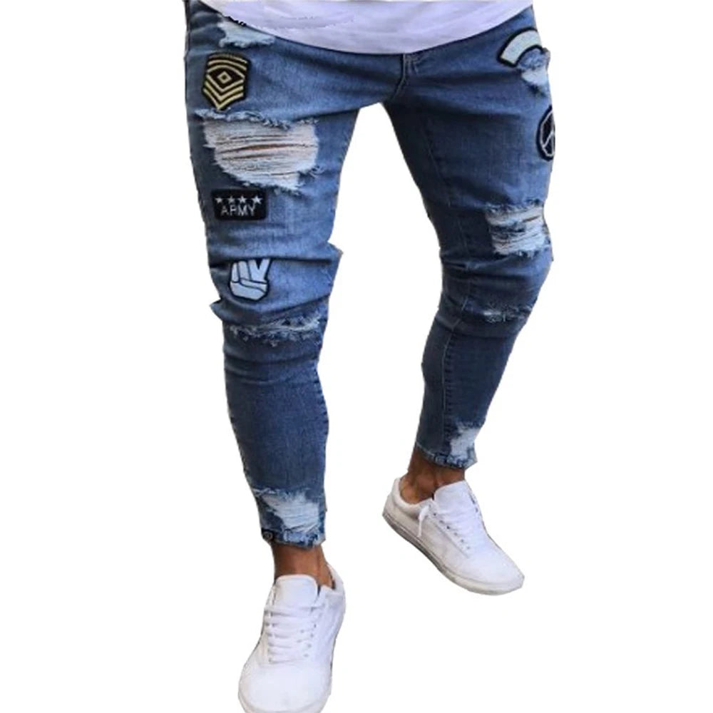 Pantalones Vaqueros Rasgados Hombre Bordado Blanco - Hip Hop
