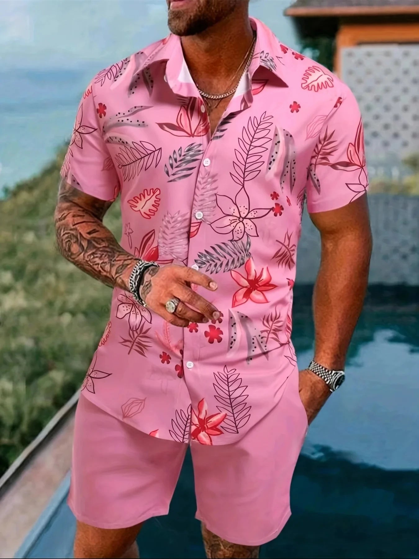 Conjunto Hawaiano 3D Hombre | Camisa Solapa + Pantalón Corto Playa
