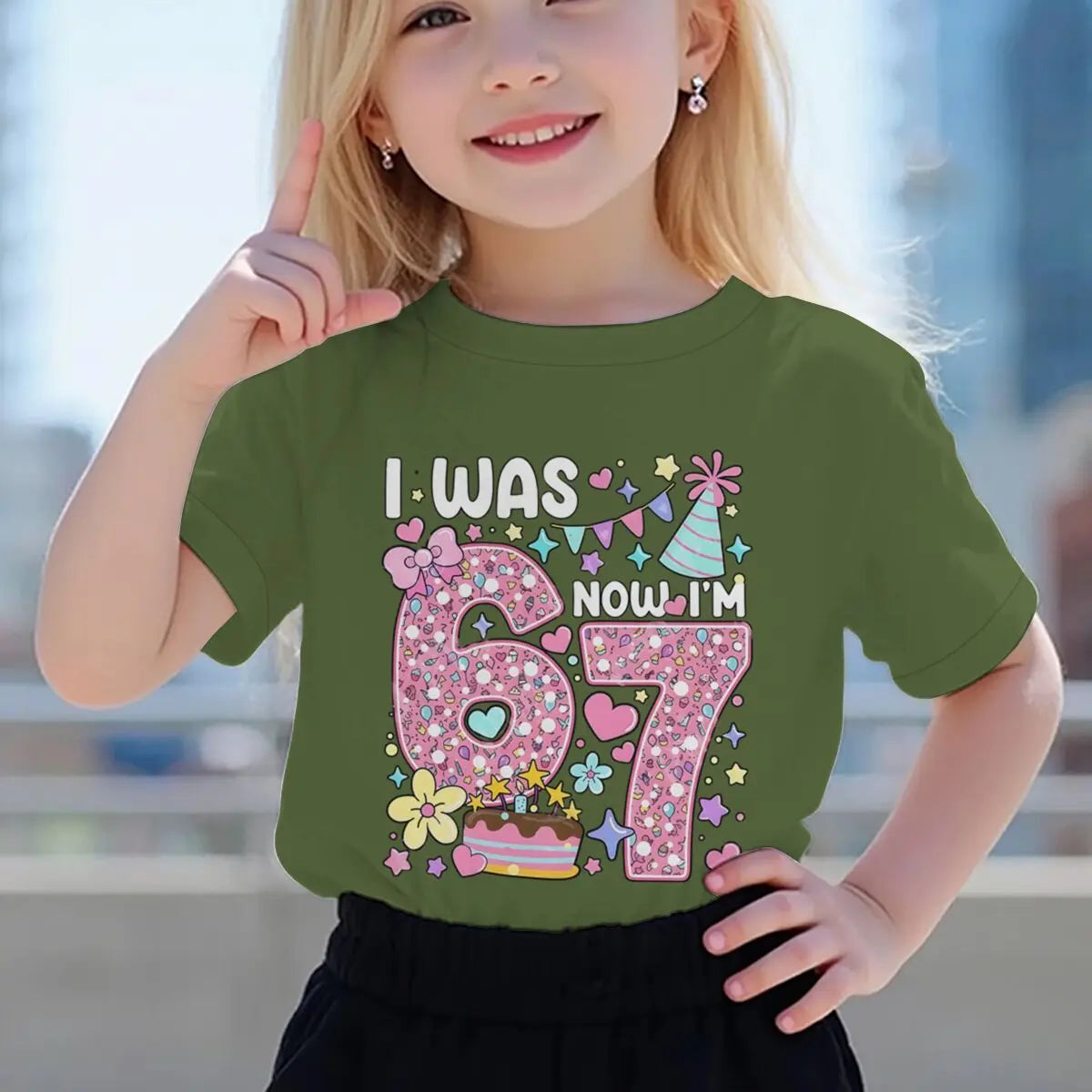 Camiseta para niñas con estampado de números, de algodón, de manga corta y cuello redondo, para el séptimo cumpleaños, con la frase 'I Was 6 Now I'm 7', para niñas de 7 años