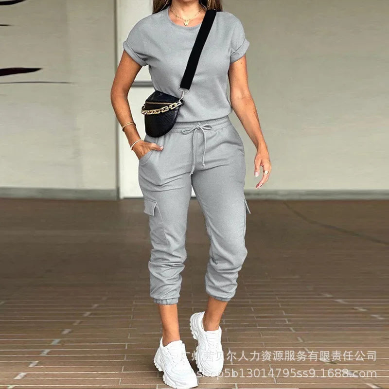 Conjunto de Ropa para Mujer, Color Sólido, Cuello Redondo, Camiseta de Manga Corta, Pantalones Cargo con Múltiples Bolsillos