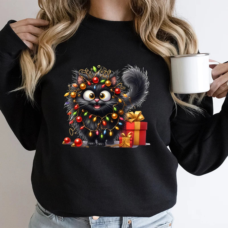 Regalo de amante de los gatos para Navidad, sudaderas para mujer, lindas y esponjosas luces de gatos, sudaderas con capucha de vacaciones, sudaderas navideñas para amantes de los animales