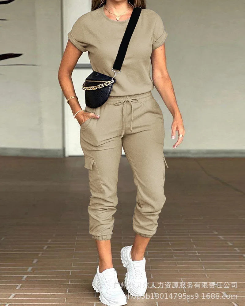 Conjunto de Ropa para Mujer, Color Sólido, Cuello Redondo, Camiseta de Manga Corta, Pantalones Cargo con Múltiples Bolsillos