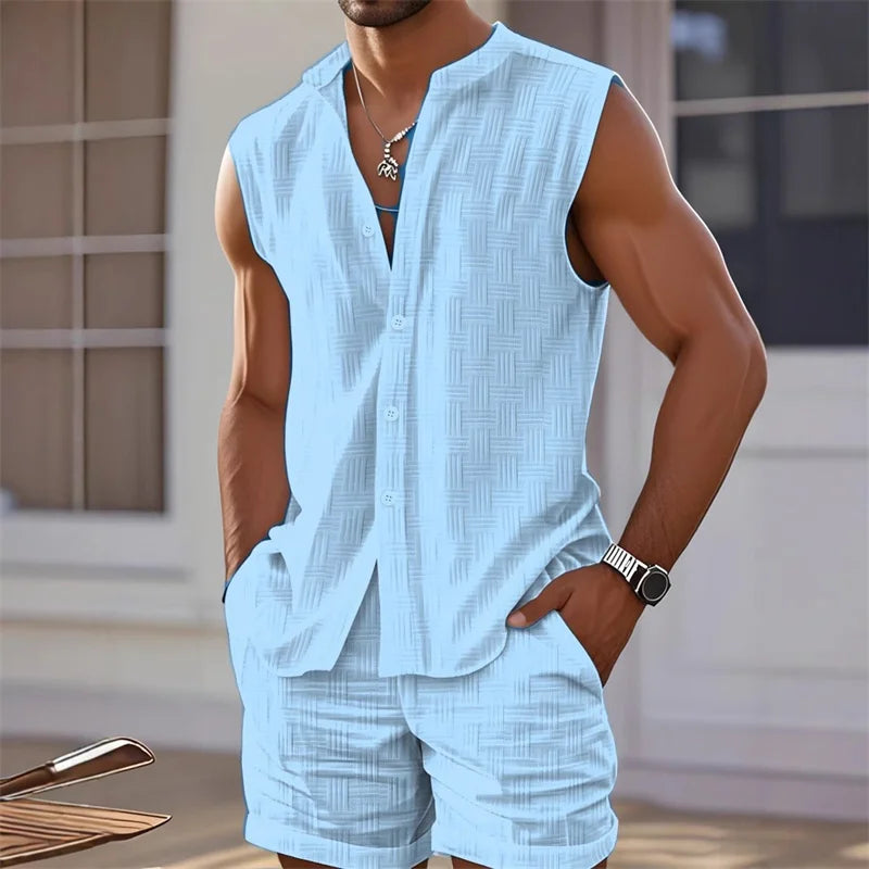 Conjunto Hawaiano Hombre de 2 Piezas | Camisa Chaleco sin Mangas y Pantalones Cortos para Playa
