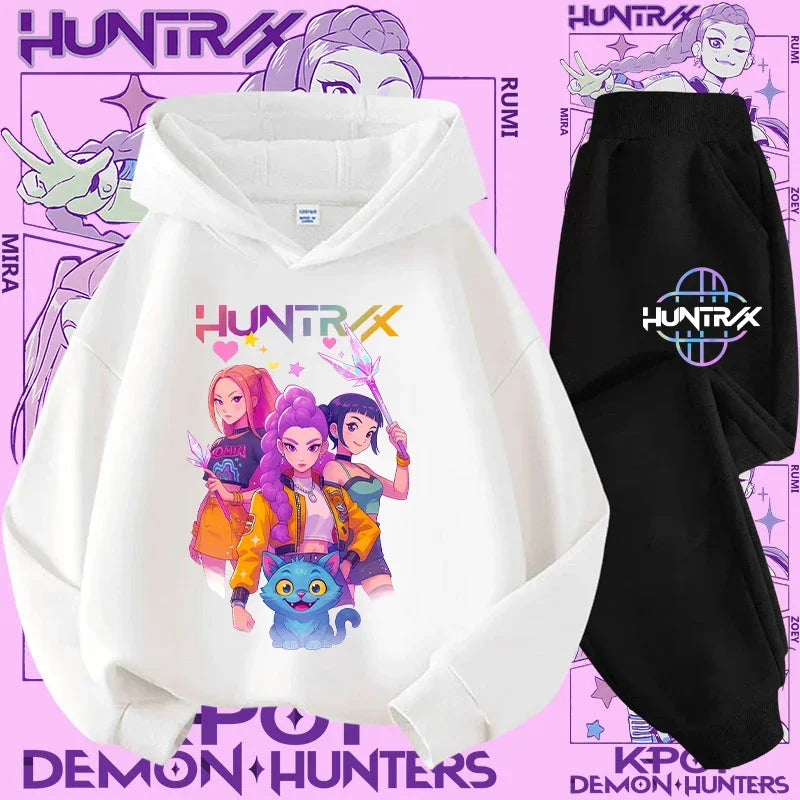 Ropa deportiva para niñas de 2 a 12 años, conjunto de 2 piezas, Top informal bonito, K-pop Demon Hunter, conjunto de camisa con capucha estampada, traje de pantalón, chándal