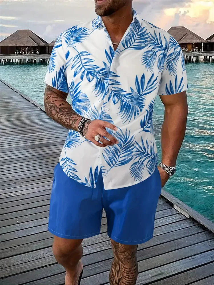 Conjunto Hawaiano 3D Hojas Hombre | Camisa + Pantalón Corto Playa