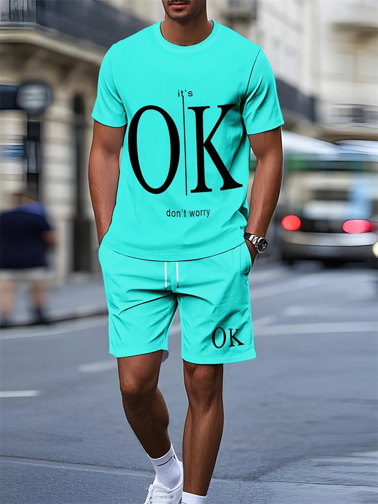 Nuevo traje transpirable de manga corta para deportes al aire libre de verano para hombre, diseño de patrón de letras, conjunto de dos piezas de estilo callejero a la moda de ocio
