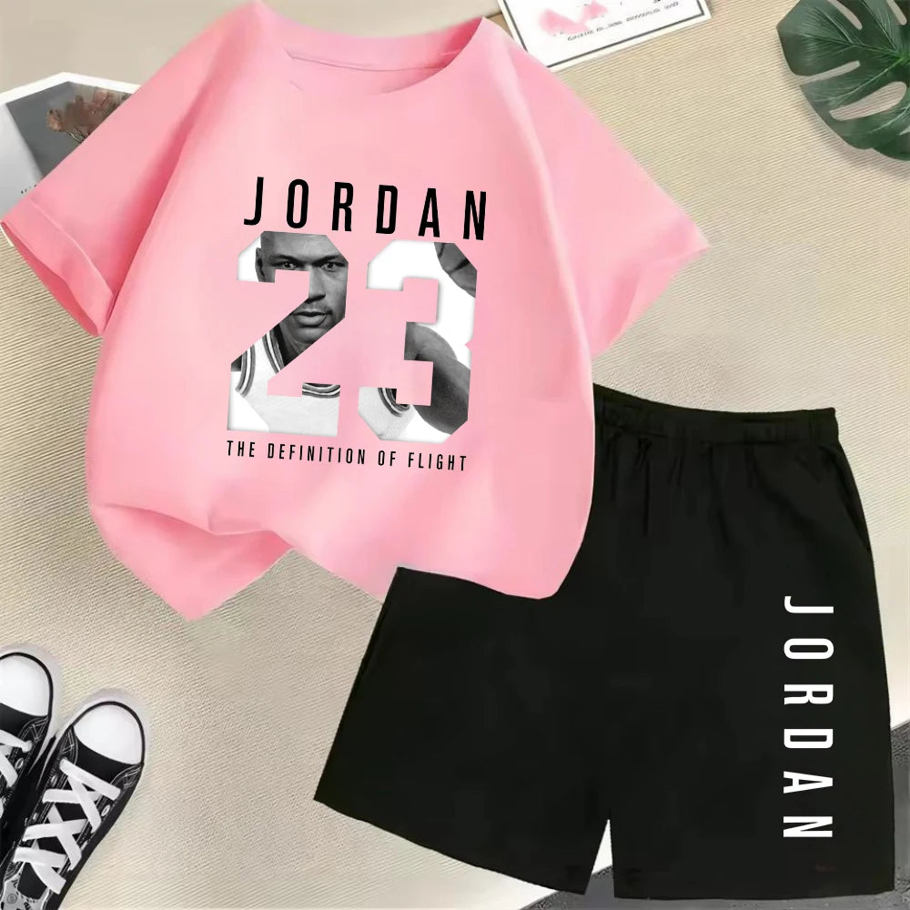 Conjunto de camiseta de manga corta de verano para niños, moda deportiva, pantalones cortos para niños y niñas, conjunto informal de 2 uds con estampado de gráficos de marca, conjunto para chico