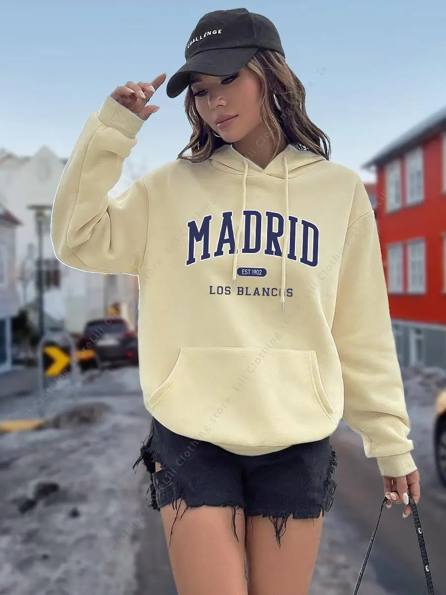 Sudadera con Capucha para Mujer con Estampado de Letras MADRID, Otoño Invierno, Tops de Alta Calidad, Sudadera Estética, Camisa con Capucha, Ropa Holgada para Mujer