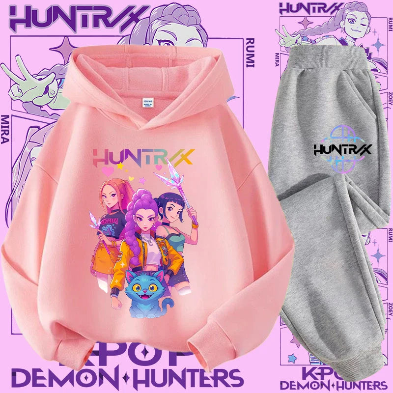 Ropa deportiva para niñas de 2 a 12 años, conjunto de 2 piezas, Top informal bonito, K-pop Demon Hunter, conjunto de camisa con capucha estampada, traje de pantalón, chándal