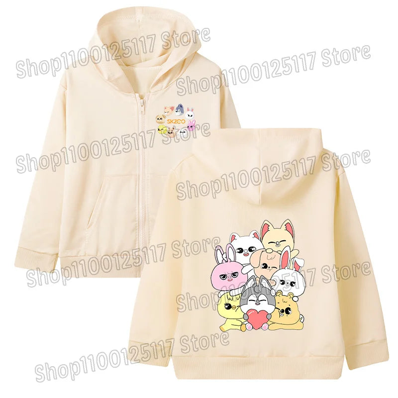 Skzoo-ropa fina de manga larga con cremallera para niñas, chaqueta con capucha de Anime, otoño y primavera, estampado de dibujos animados, ropa de calle con cremallera y bolsillo