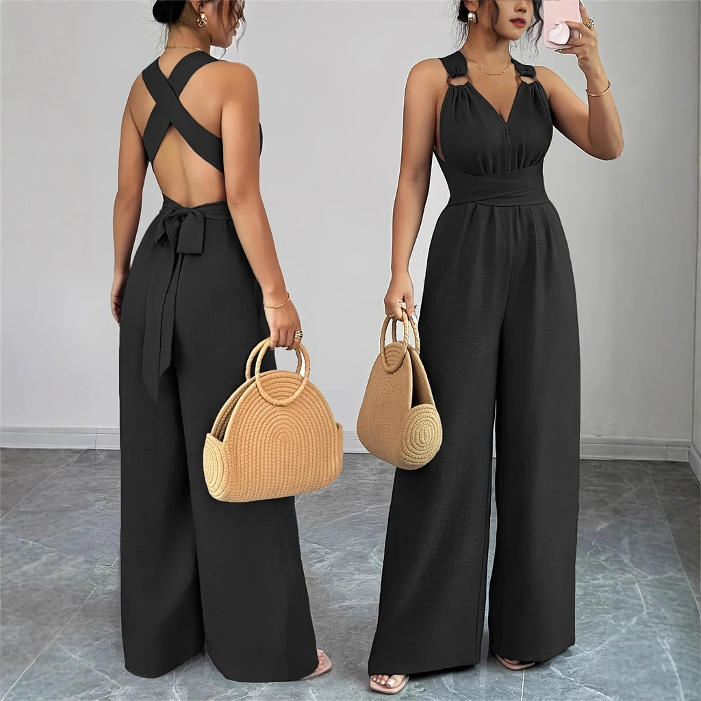 Monos para mujer 2026: Novedades en moda, sexy, con cuello en V, espalda descubierta, cinturón cruzado y pierna ancha. Ropa de mujer.