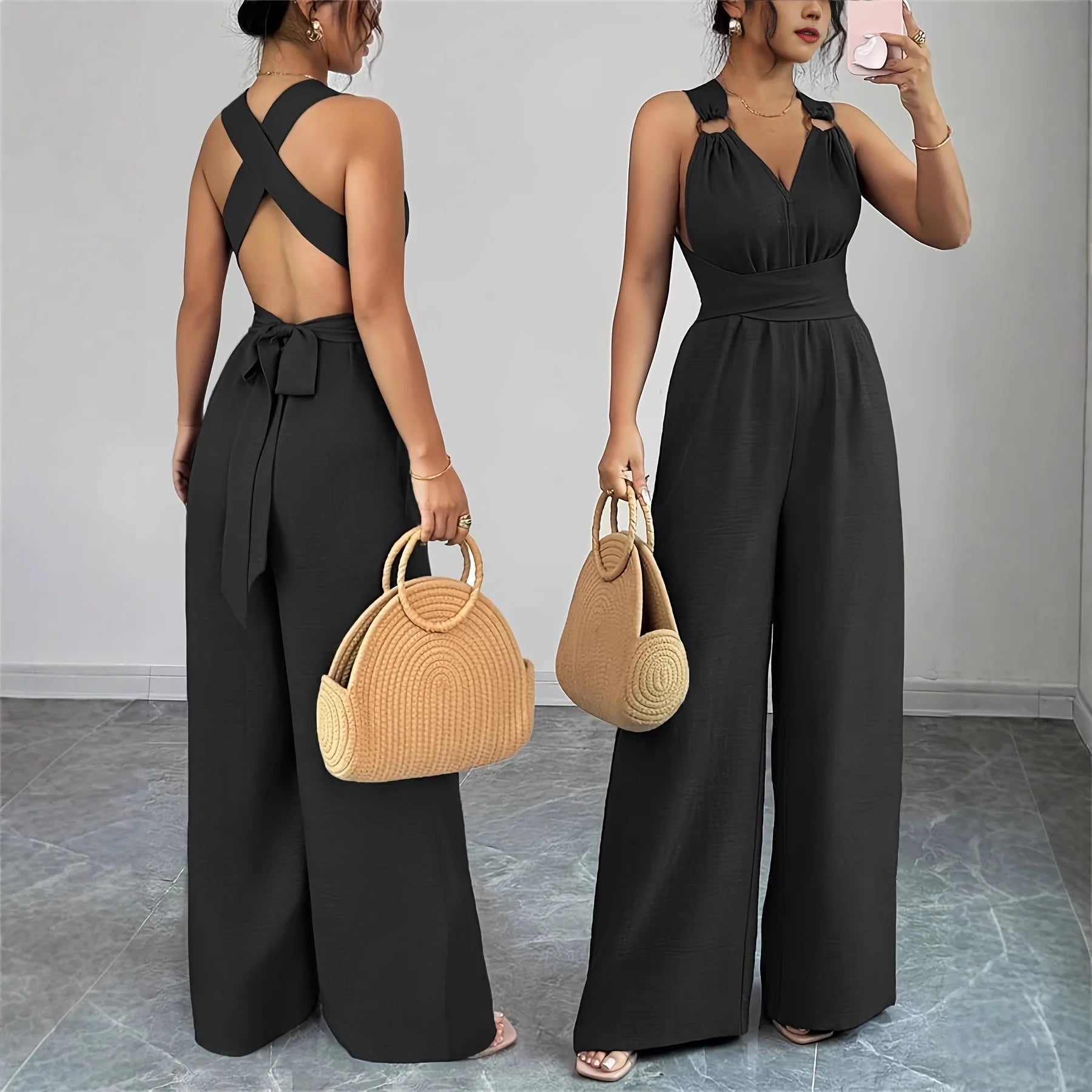Monos para mujer 2026: Novedades en moda, sexy, con cuello en V, espalda descubierta, cinturón cruzado y pierna ancha. Ropa de mujer.