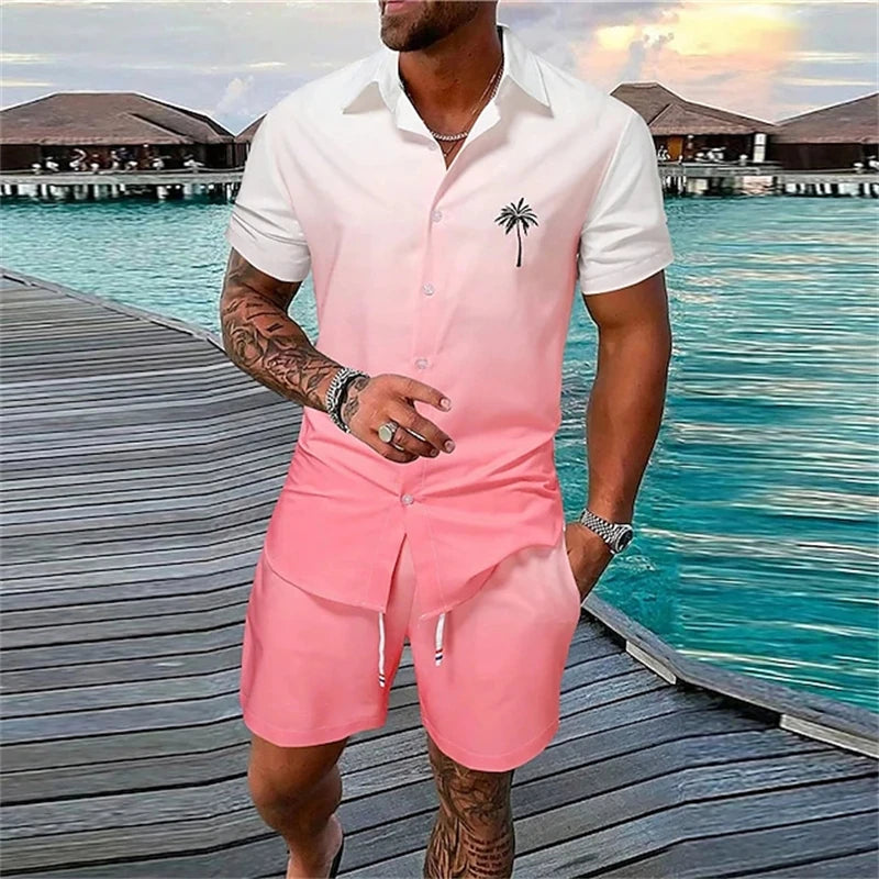 Camisa de manga corta de estilo de vacaciones de playa, conjunto de 2 piezas con estampado de árbol de coco de verano, camisa de un solo botonadura y pantalones cortos con cordón