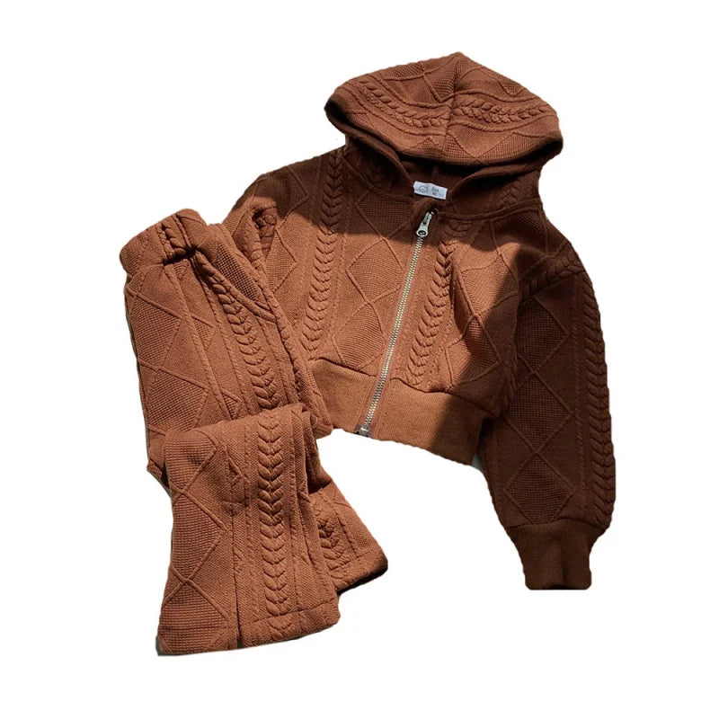 Conjunto de dos piezas para niñas, ropa de otoño, Top corto de punto de manga larga, pantalones acampanados divididos, nuevo estilo coreano