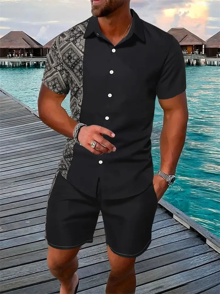 Conjunto Hawaiano 3D Hojas Hombre | Camisa + Pantalón Corto Playa