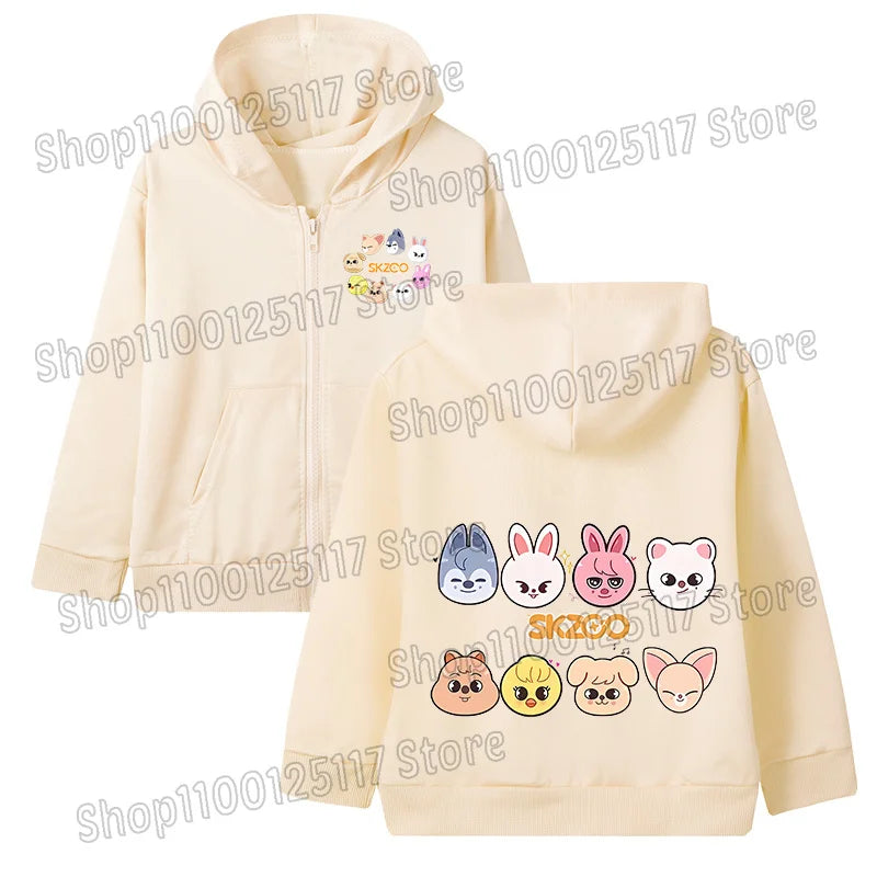 Skzoo-ropa fina de manga larga con cremallera para niñas, chaqueta con capucha de Anime, otoño y primavera, estampado de dibujos animados, ropa de calle con cremallera y bolsillo