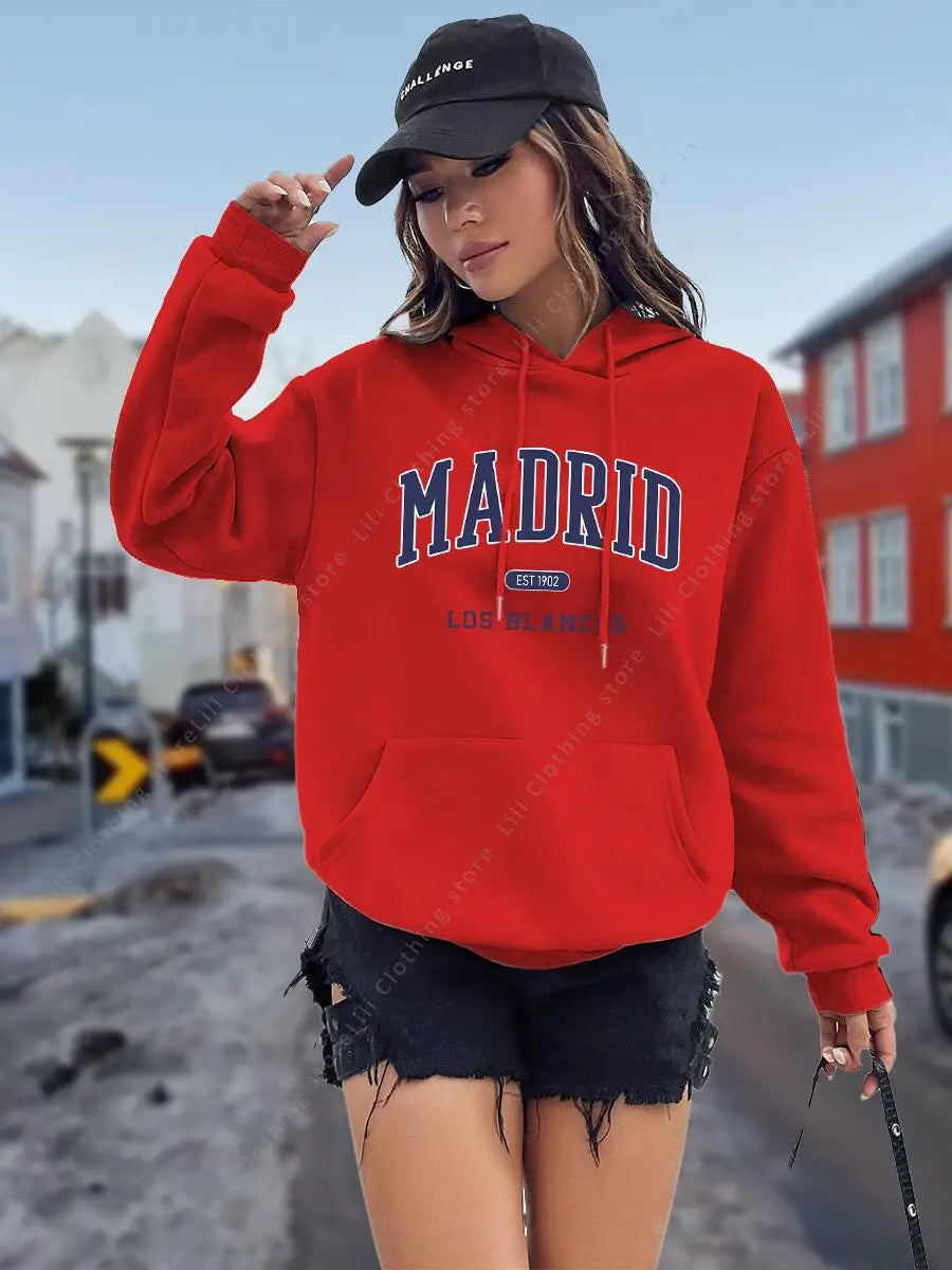 Sudadera con Capucha para Mujer con Estampado de Letras MADRID, Otoño Invierno, Tops de Alta Calidad, Sudadera Estética, Camisa con Capucha, Ropa Holgada para Mujer