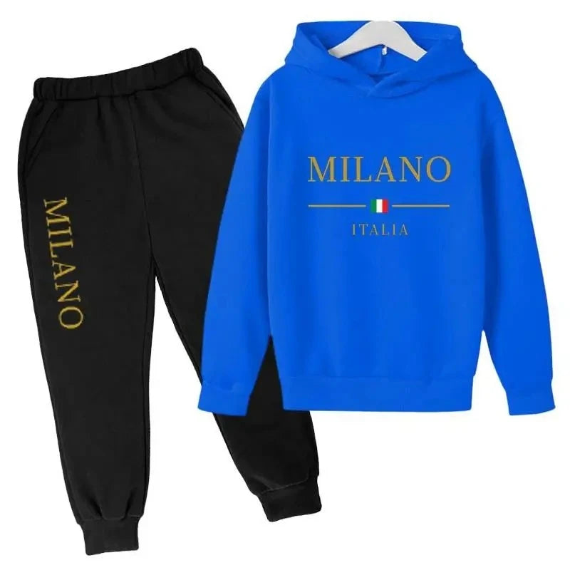 Sudadera con capucha y pantalones con estampado de letras de marca de moda, conjunto deportivo de 2 piezas para niños y niñas, ropa informal, conjunto infantil