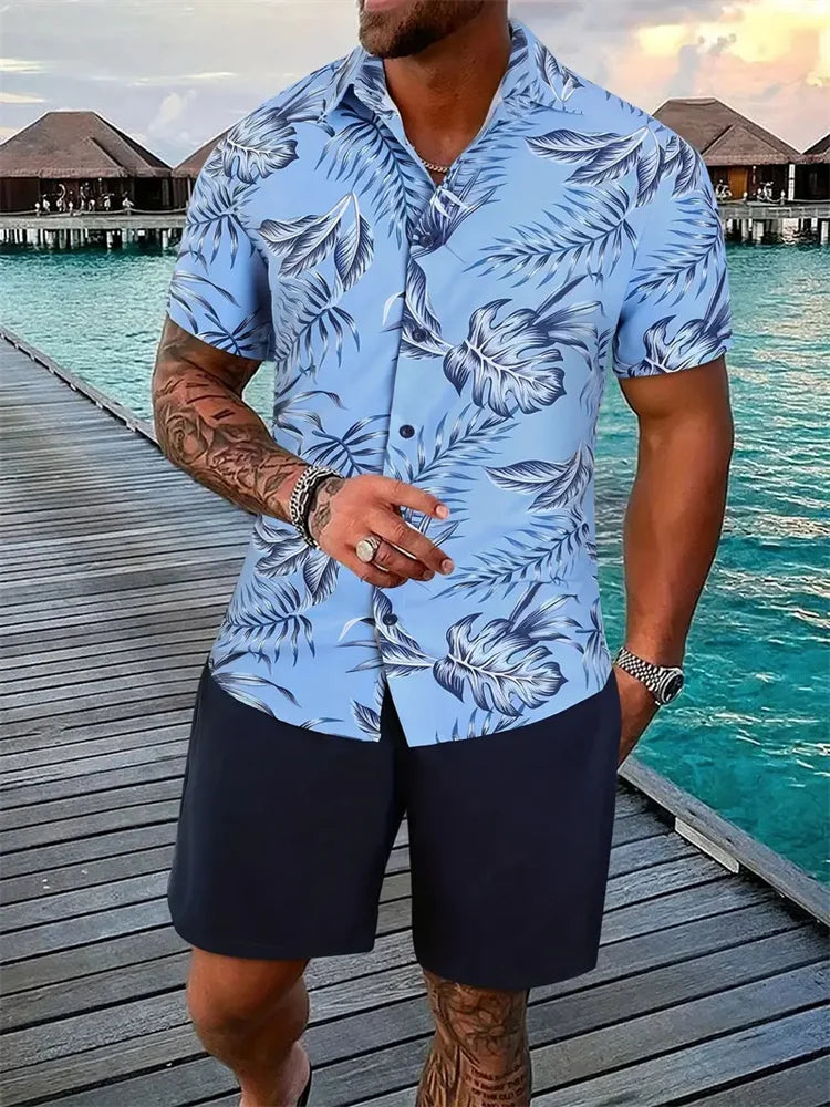 Conjunto Hombre Verano Playa Hawaiano Oversize – Camisa Manga Corta + Shorts Estampado 3D (2 Piezas)