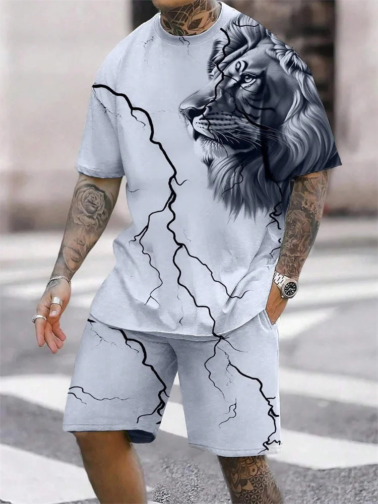 Nueva 2024 Camiseta de manga corta con cuello redondo, conjunto de pantalones cortos de moda con estampado de León en 3D, conjunto de 2 piezas de deportes de verano para hombres