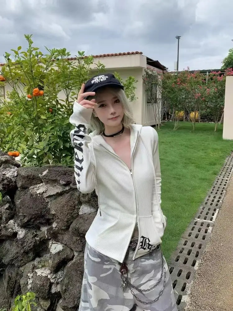 Cárdigan de manga larga con estampado de letras Vintage para mujer, Sudadera con capucha ajustada elegante Hepburn con cremallera, trajes finos con capucha para otoño