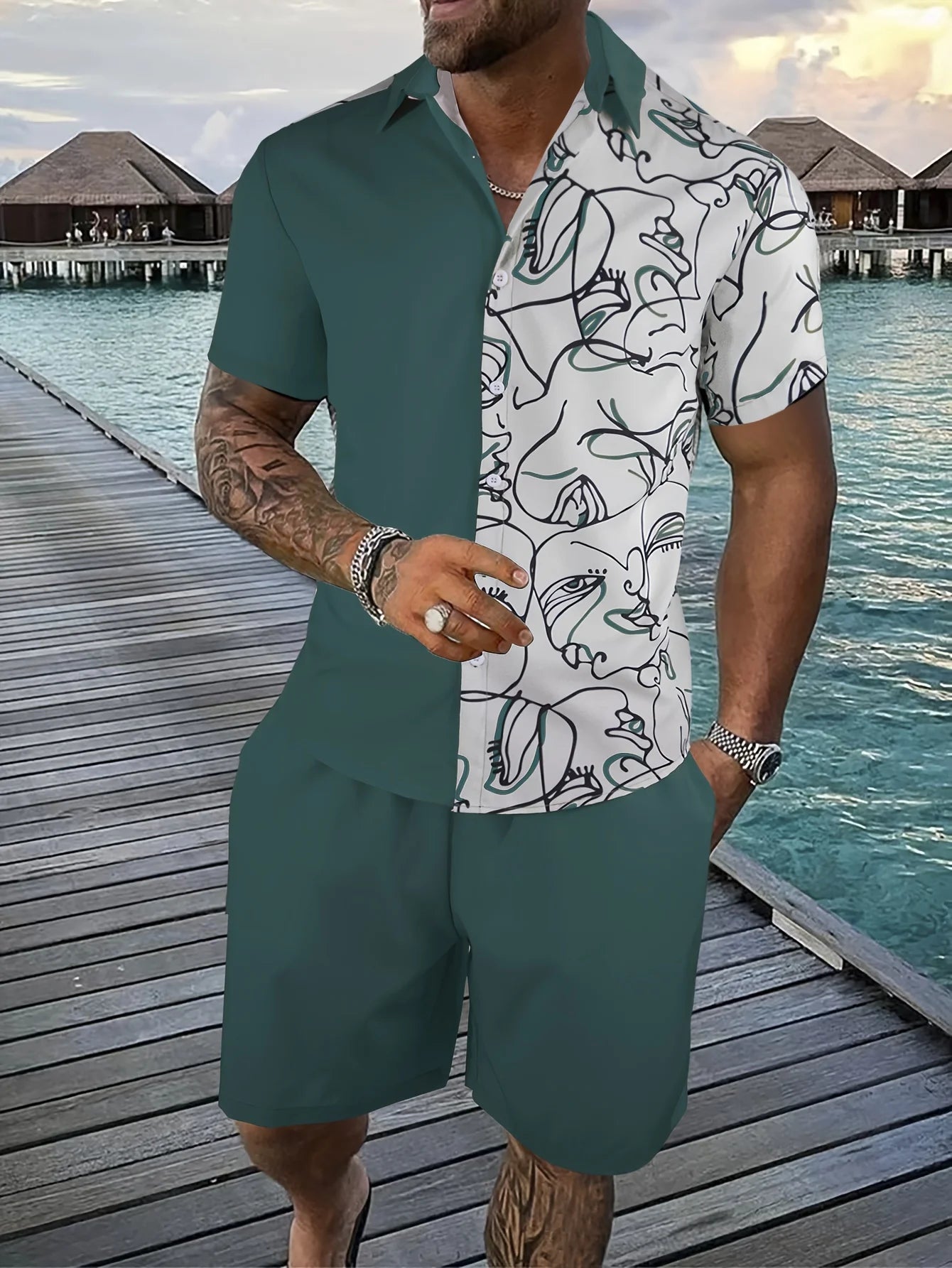 Camisa informal de verano para hombre, pantalones cortos hawaianos para exteriores para uso diario, conjunto de camisa de manga corta con estampado de textura abstracta y pantalones cortos de playa
