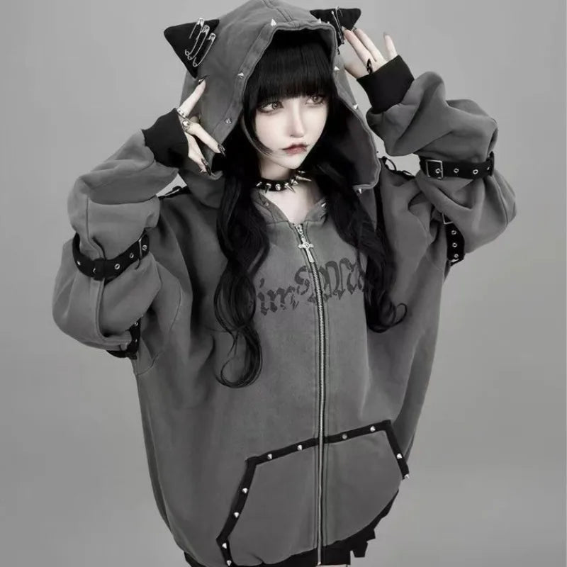 Sudadera Kawaii japonesa de manga larga para mujer, sudaderas informales con subcultura, abrigo con estampado de remaches, ropa elegante de estilo dulce y bonito para mujer