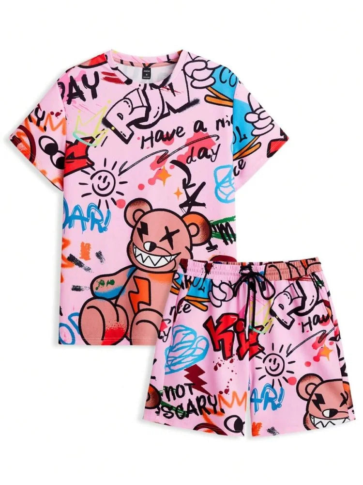 2025 nuevo conjunto de pantalones cortos de manga corta para hombre de verano, pantalones cortos de playa al aire libre para hombre, conjunto de 2 piezas, estampado 3D