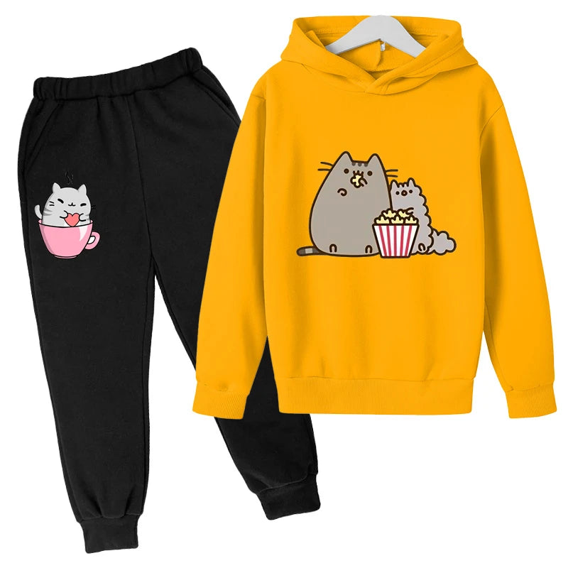 Sudadera con capucha con estampado de gato de Nutella para niños, ropa divertida para niñas y niños, conjuntos de ropa Harajuku Kawaii para niños, Invierno
