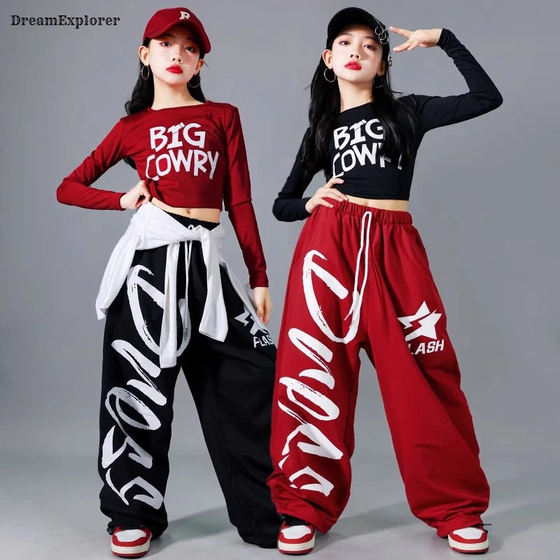 Top corto k-pop para niñas, pantalones deportivos con letras a la moda, conjuntos de ropa de grupo para niñas, ropa informal estilo Hip Hop, disfraces de Jazz para niños