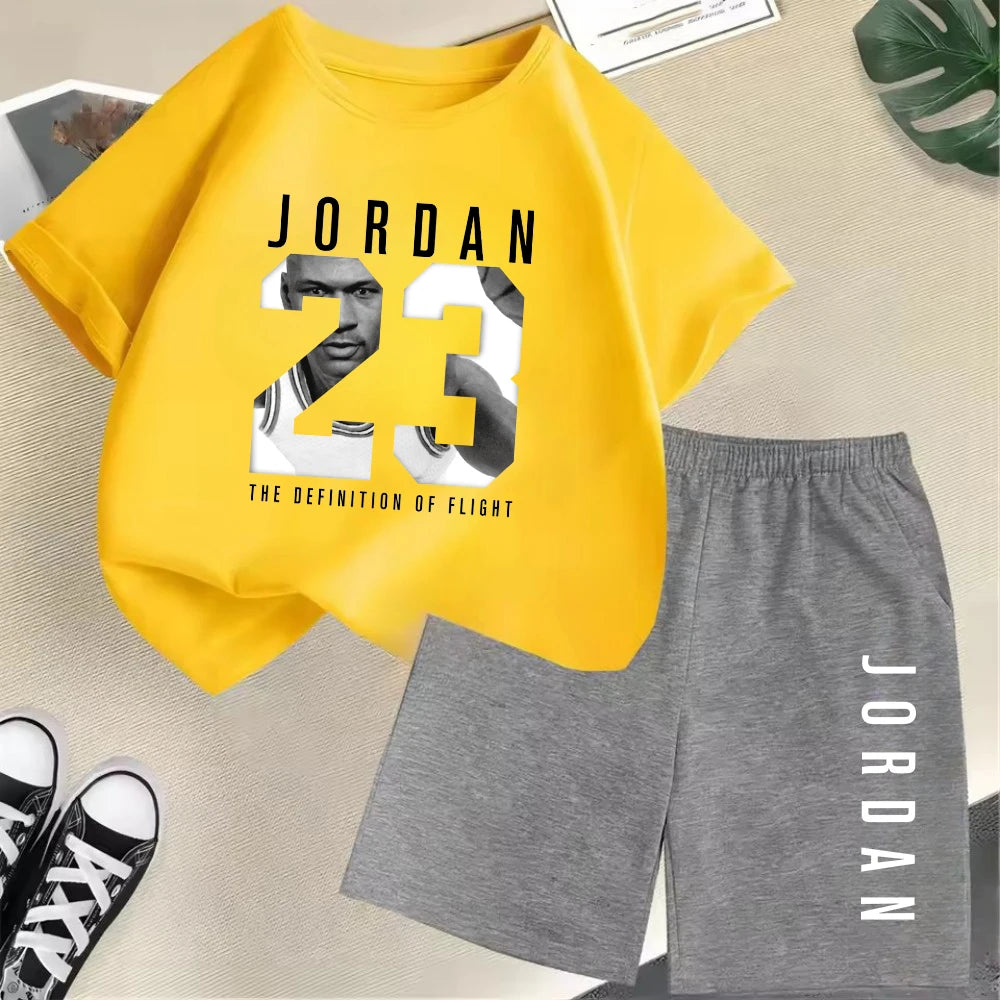 Conjunto de camiseta de manga corta de verano para niños, moda deportiva, pantalones cortos para niños y niñas, conjunto informal de 2 uds con estampado de gráficos de marca, conjunto para chico