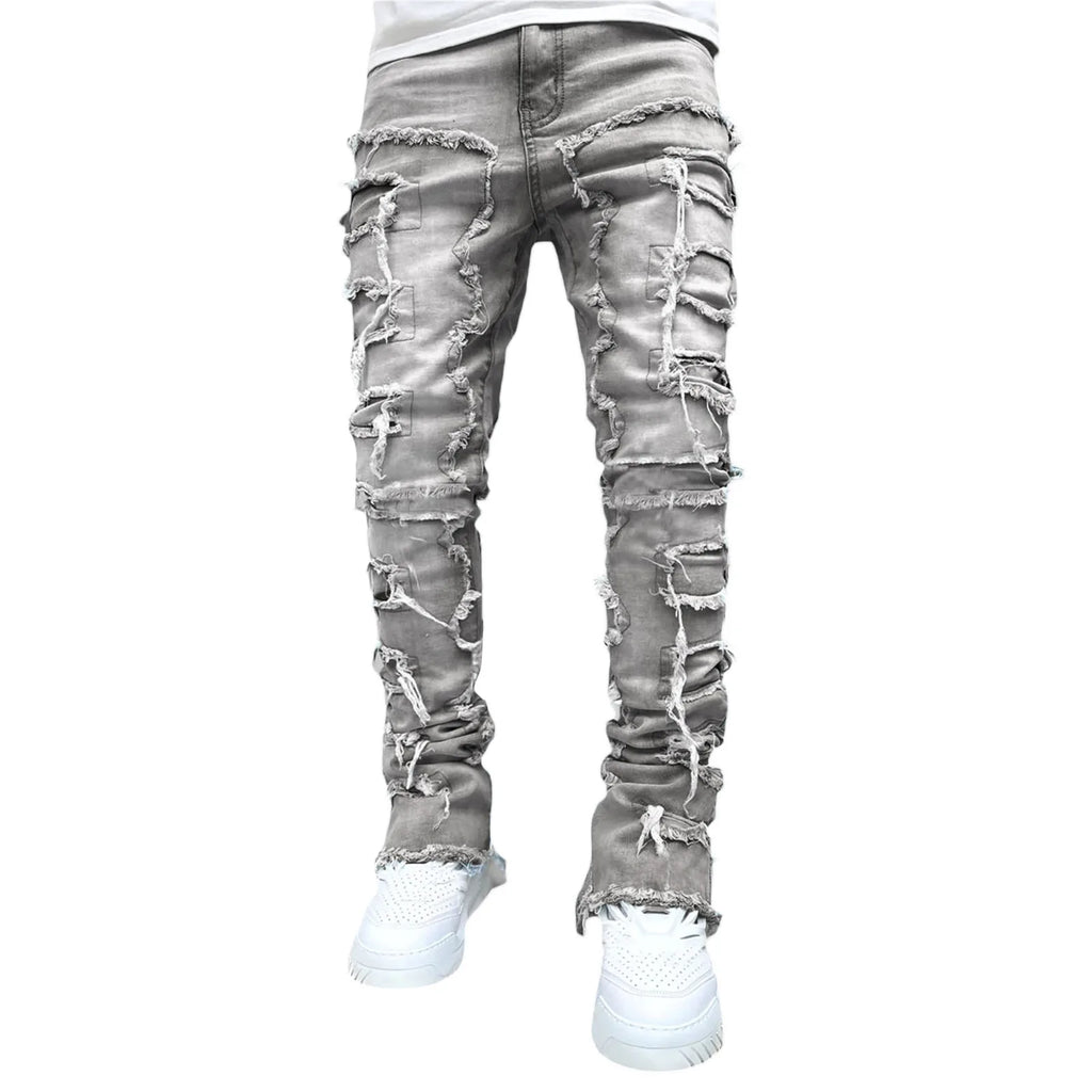Nuevos pantalones vaqueros de moda para hombre, pantalones de trabajo, ropa de trabajo de moda europea y americana, pantalones acampanados en capas de mezclilla con retales elásticos, S-XXL