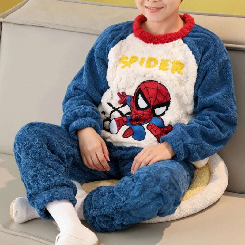 Otoño/Invierno Disney ropa para niños conjunto de ropa de dormir para niños conjunto de pantalones gruesos y cálidos de franela pijamas de dos piezas ropa para niños Spiderman