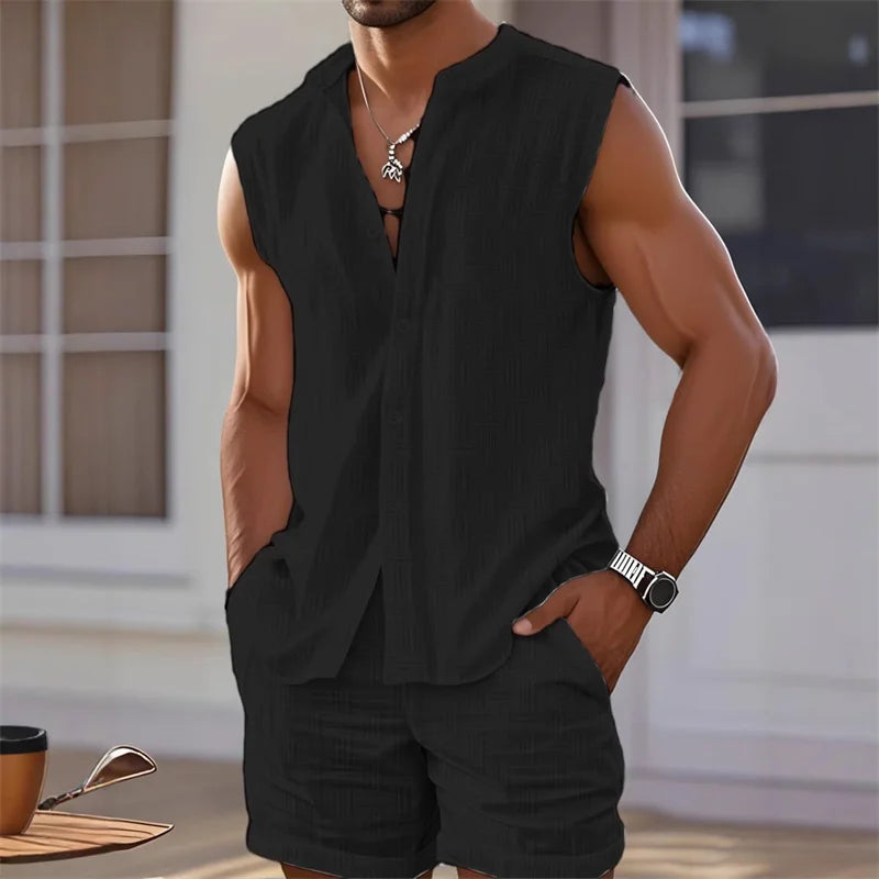 Conjunto Hawaiano Hombre de 2 Piezas | Camisa Chaleco sin Mangas y Pantalones Cortos para Playa