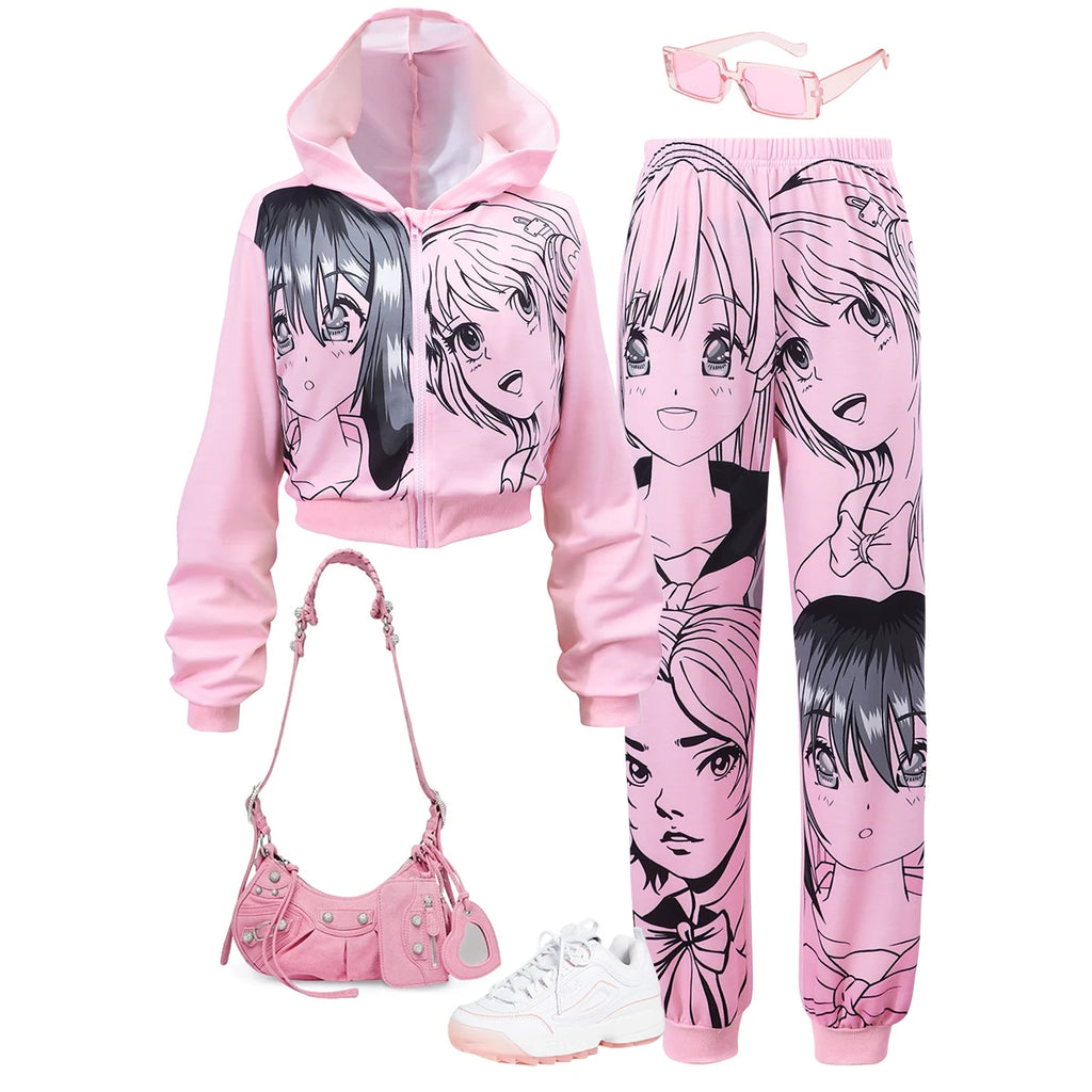 Ropa para Chica adolescente, traje para niños, traje rosa de otoño para Chica de Anime, abrigo + Pantalones, conjunto bonito de moda para niñas de 13, 14, 15 y 16 años, 2 uds.