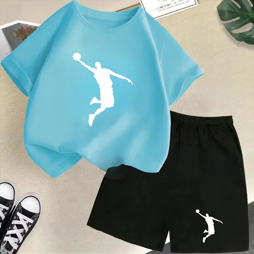 Conjunto de camiseta de manga corta de verano para niños, moda deportiva, pantalones cortos para niños y niñas, conjunto informal de 2 uds con estampado de gráficos de marca, conjunto para chico