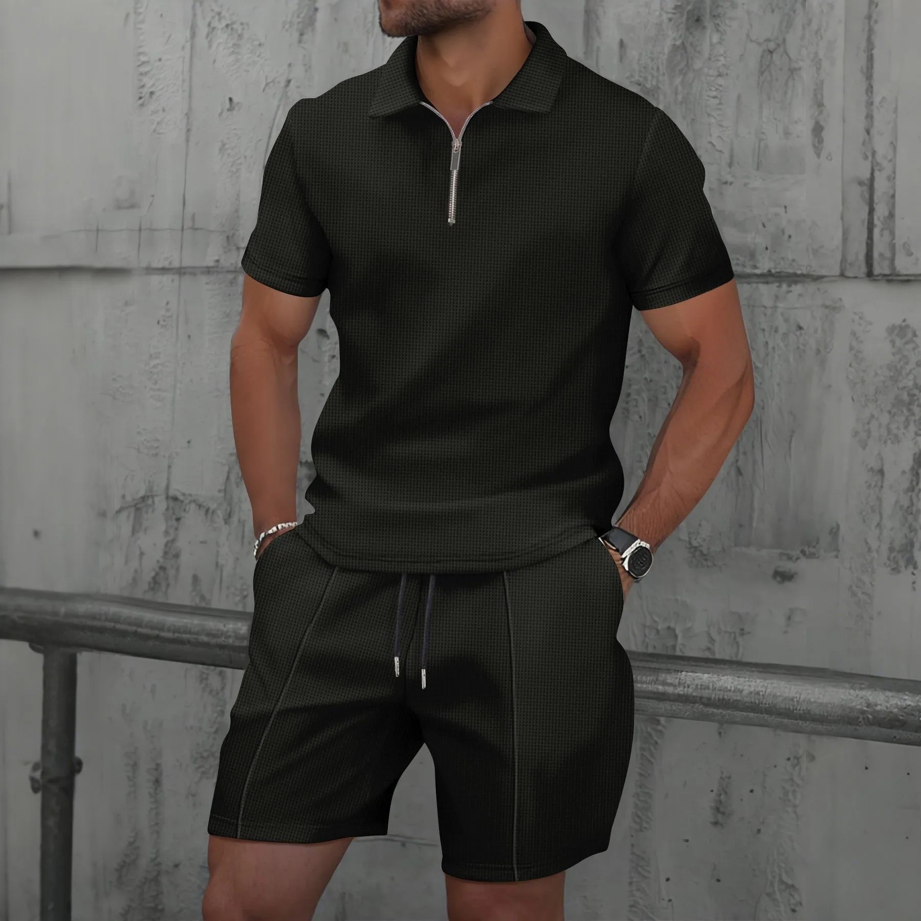 Conjunto de Dos Piezas para Hombre, Verano 2026, Estilo Europeo y Estadounidense, Color Liso, Cierre de Cremallera, Solapa, Manga Corta, Pantalones Cortos