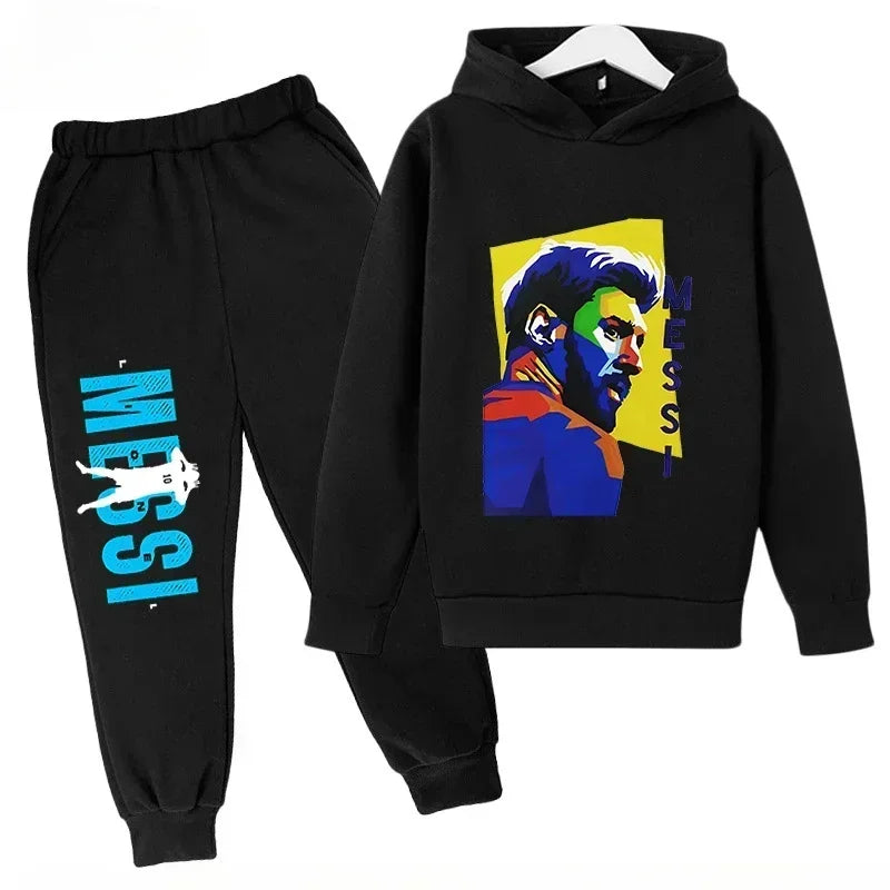Conjunto deportivo para niños de primavera y otoño, traje con capucha y pantalones con estampado de Messi, conjunto de 2 uds., ropa para niños y niñas, chándal informal de moda