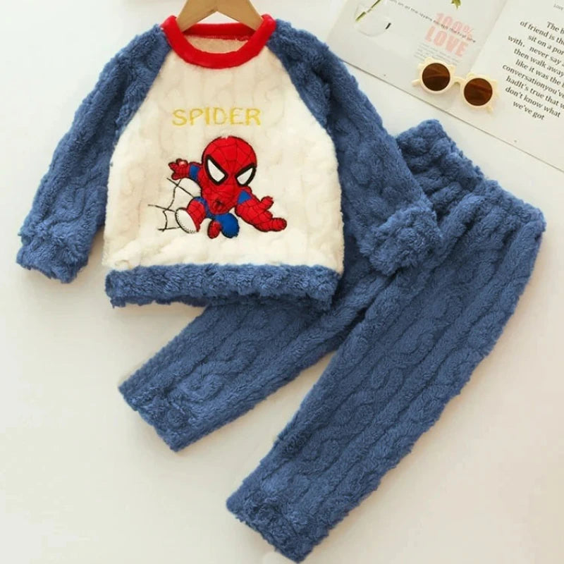 Otoño/Invierno Disney ropa para niños conjunto de ropa de dormir para niños conjunto de pantalones gruesos y cálidos de franela pijamas de dos piezas ropa para niños Spiderman