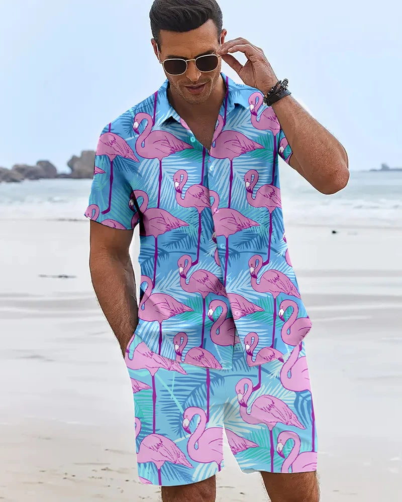 2025 Camisas con estampado de flamencos en 3D para hombre, pantalones cortos hawaianos de manga corta para vacaciones en la playa, conjuntos de moda de tendencia Hip Hop de verano de 2 piezas para hombre