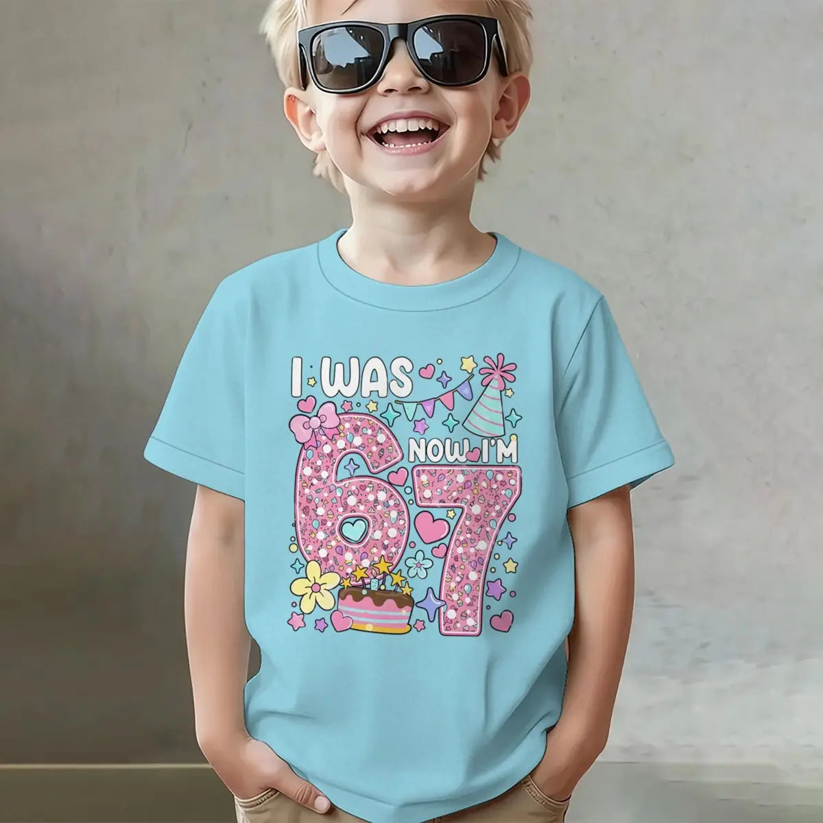 Camiseta para niñas con estampado de números, de algodón, de manga corta y cuello redondo, para el séptimo cumpleaños, con la frase 'I Was 6 Now I'm 7', para niñas de 7 años