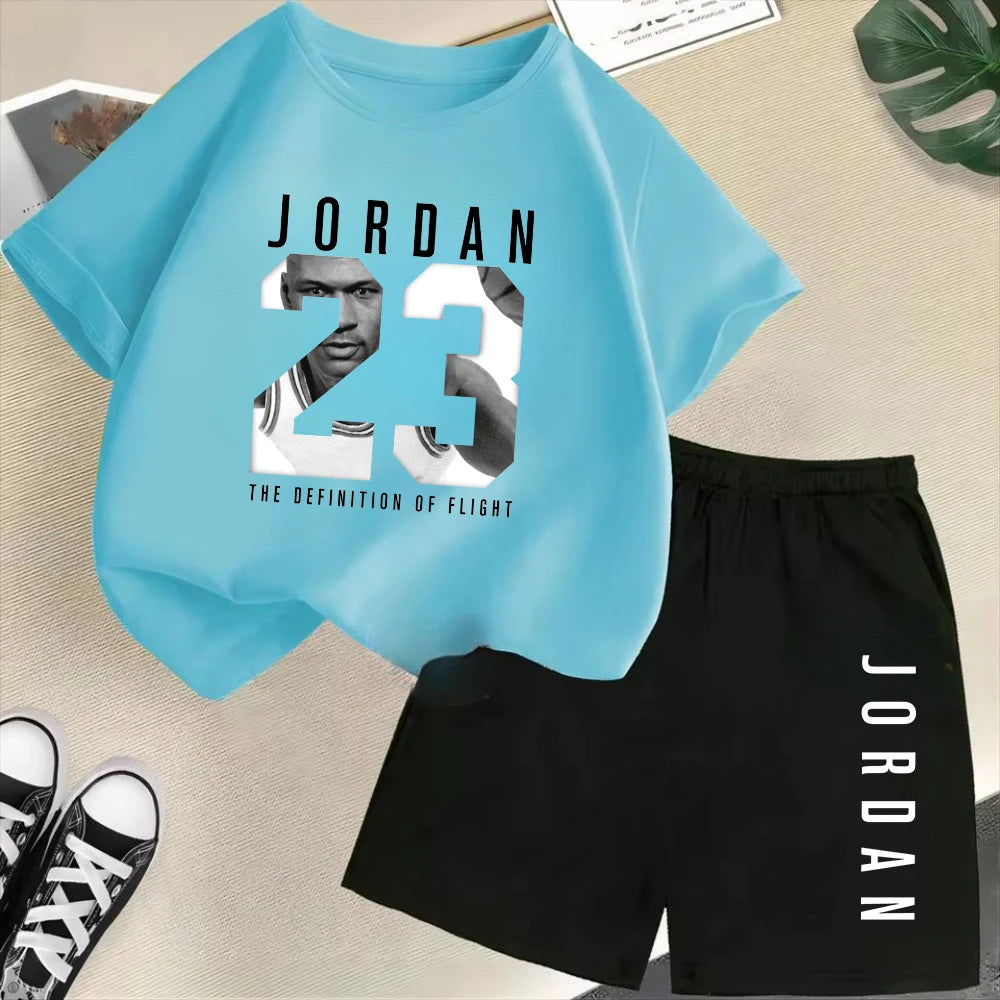 Conjunto de camiseta de manga corta de verano para niños, moda deportiva, pantalones cortos para niños y niñas, conjunto informal de 2 uds con estampado de gráficos de marca, conjunto para chico