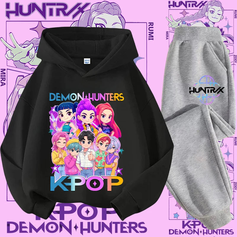Ropa deportiva para niñas de 2 a 12 años, conjunto de 2 piezas, Top informal bonito, K-pop Demon Hunter, conjunto de camisa con capucha estampada, traje de pantalón, chándal